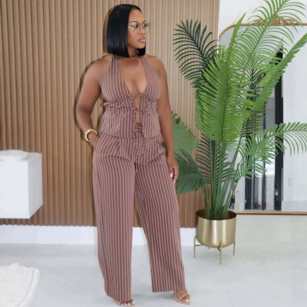 ZARA Sexy Deep V Neck Halter Backless Top and African Casual Pants Set